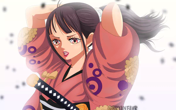 Kiku from One Piece in vibrant anime style, featured in a 4K Ultra HD PC desktop wallpaper with detailed shading and dynamic pose.