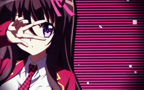 HD anime desktop wallpaper featuring a close-up of a Noucome character with dark hair, purple eyes, and a red school uniform against a striped pink and black background.