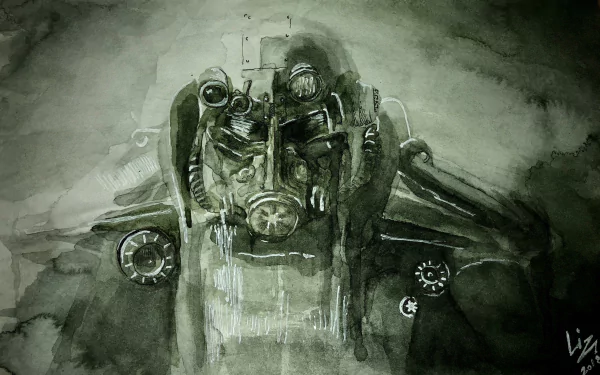 4K Ultra HD Fallout-themed PC desktop wallpaper depicting a detailed, dark-toned illustration of a character wearing iconic power armor from the video game series.