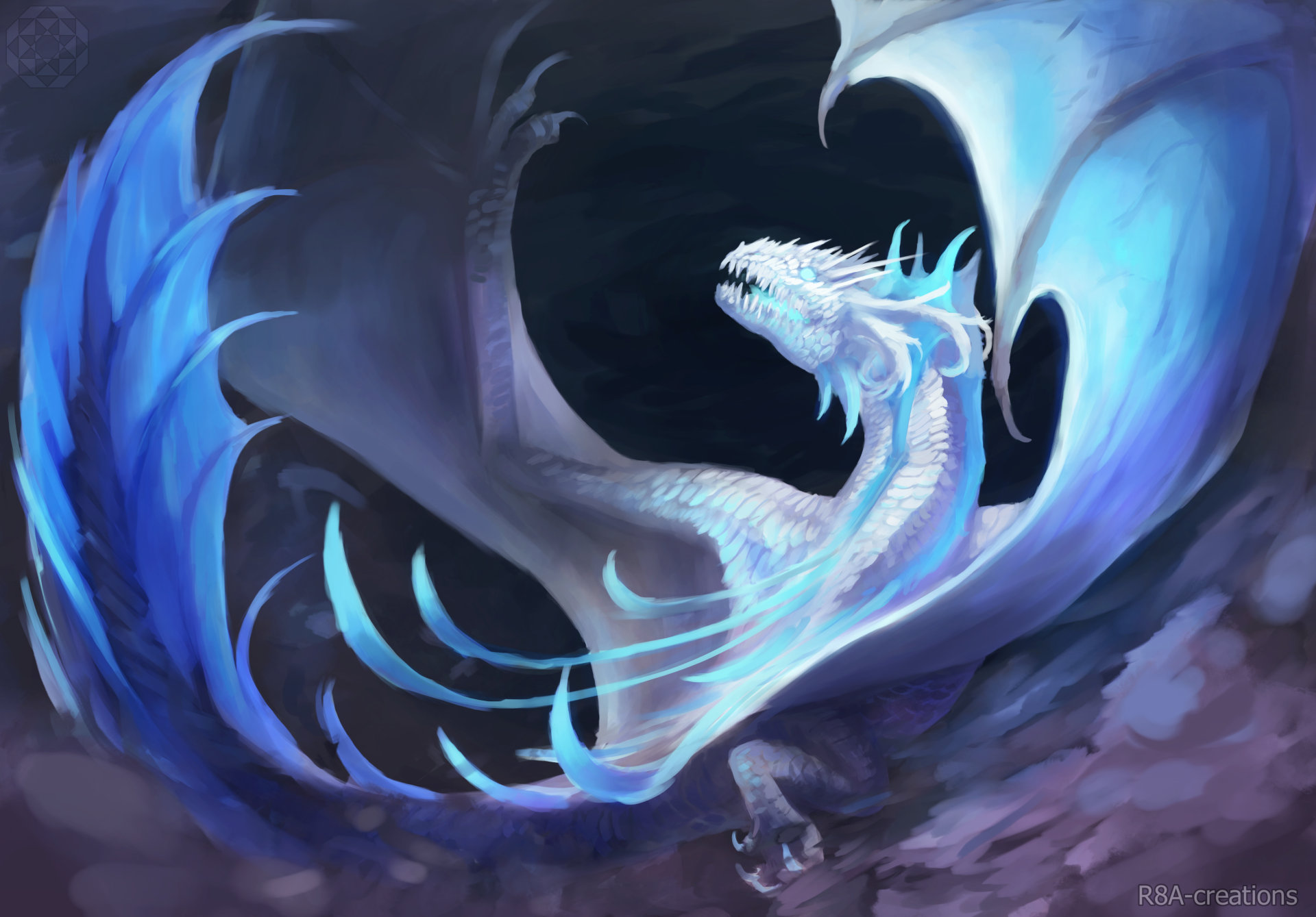 A majestic white dragon with glowing blue accents soars against a dark, swirling sky in this 4K Ultra HD fantasy PC desktop wallpaper.