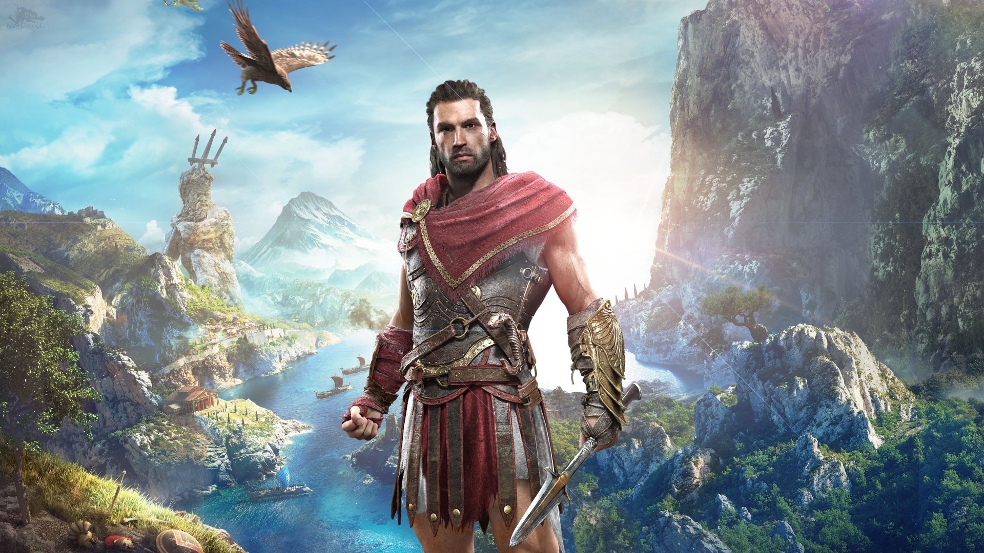 4K Ultra HD Assassin's Creed Odyssey wallpaper featuring a warrior in ancient armor standing against a vibrant mountainous landscape with a soaring eagle overhead.