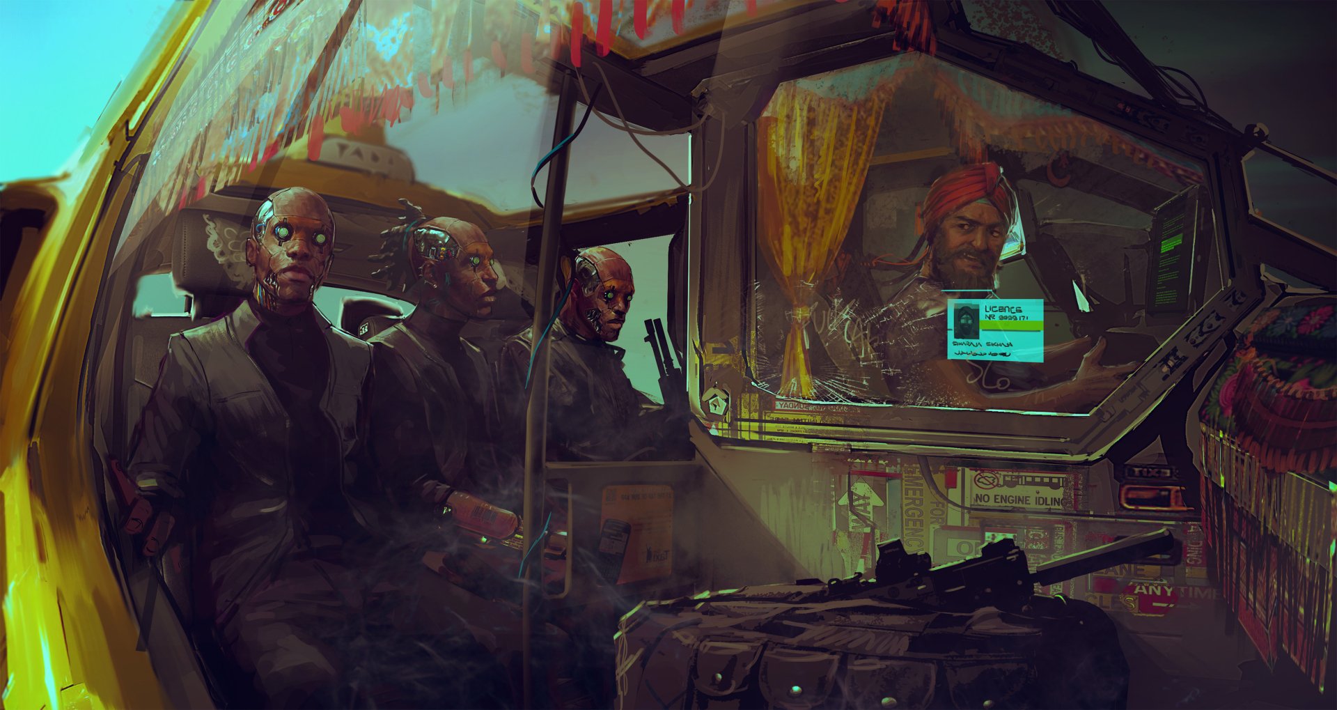 A vibrant HD wallpaper from the video game Cyberpunk 2077, featuring a futuristic vehicle with multiple characters inside, set against a sleek, dystopian backdrop.