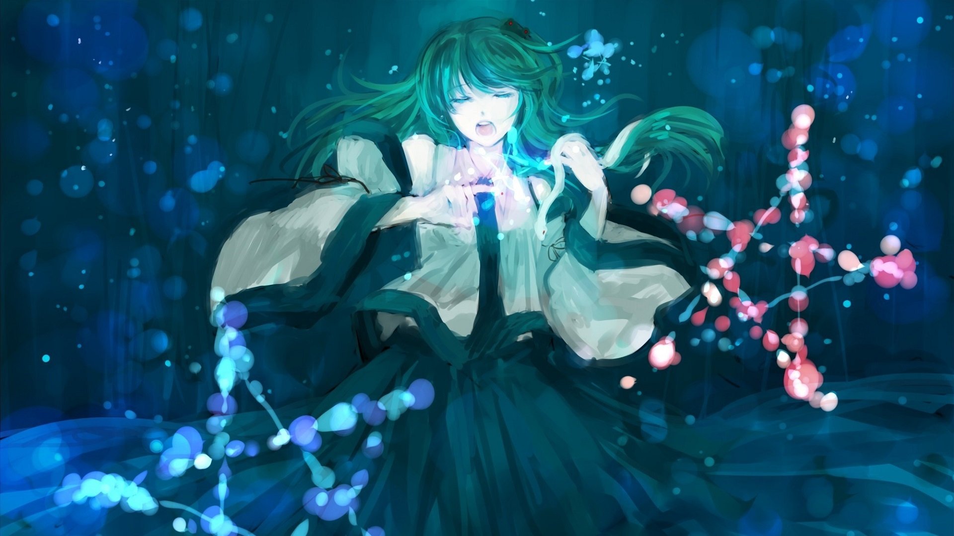 HD anime desktop wallpaper featuring Sanae Kochiya from Touhou, surrounded by glowing orbs and ethereal blue-green light in a mystical underwater-like scene.
