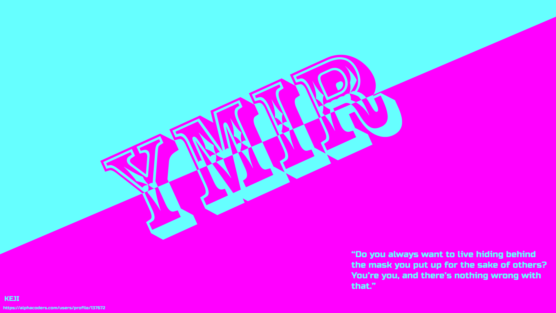 8K Ultra HD PC wallpaper: anime Attack on Titan design featuring Ymir with large stylized YMIR text across a cyan and magenta split background and a small quote.