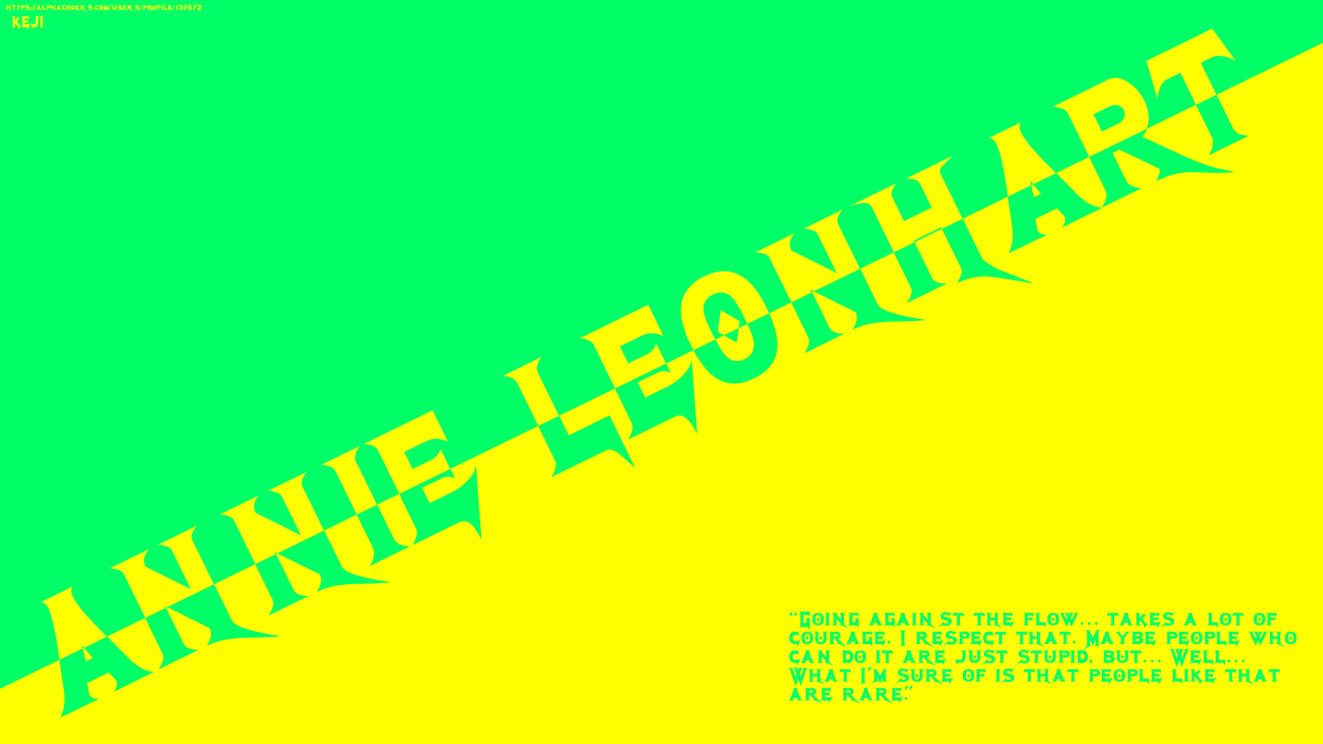 8K Ultra HD PC desktop wallpaper: bold diagonal ANNIE LEONHART text on bright green and yellow background, with a small Attack on Titan quote and compact text block.