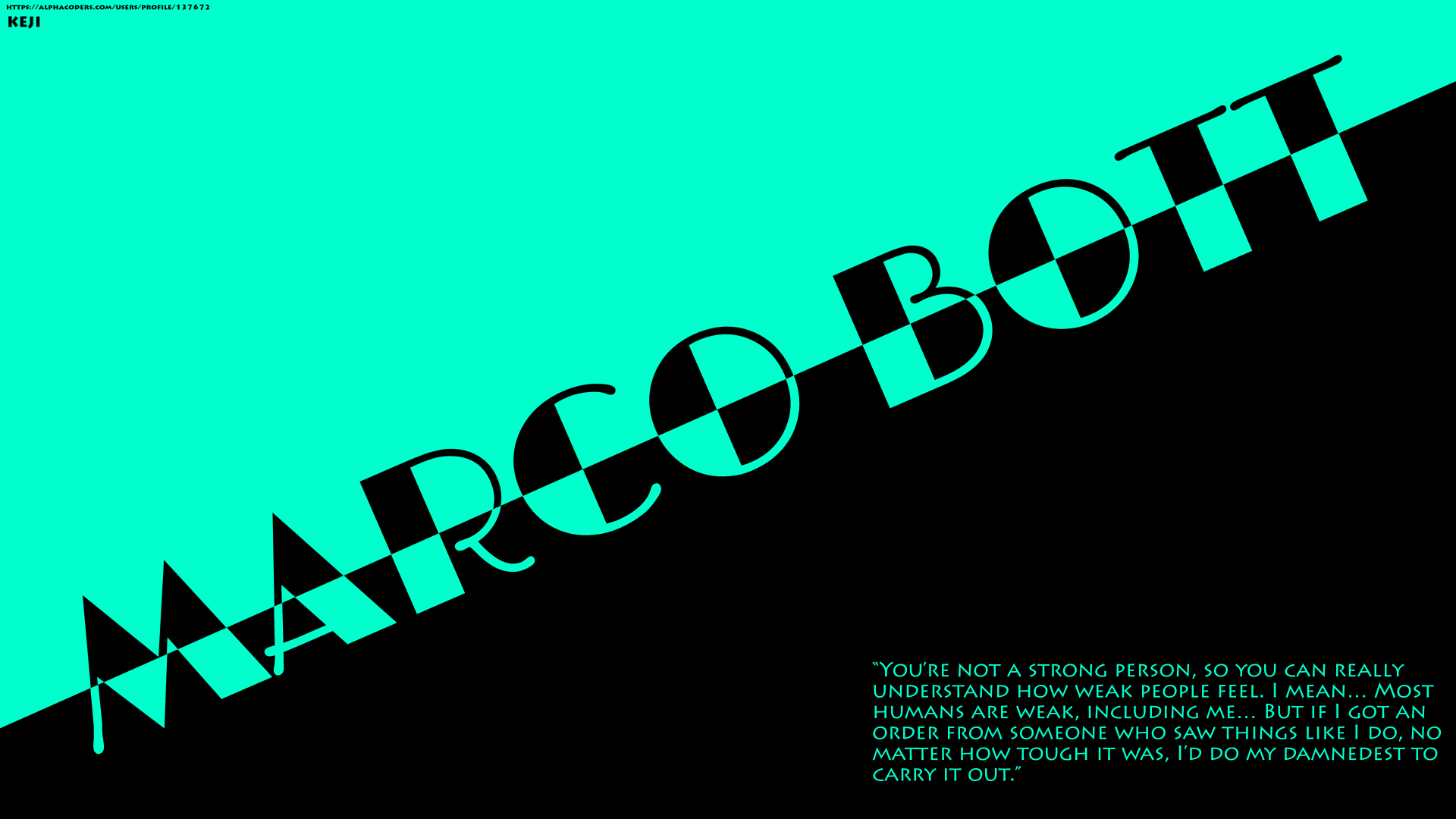 8K Ultra HD desktop wallpaper featuring a quote by Marco Bott from Attack on Titan, with bold black and turquoise geometric design and stylized text.