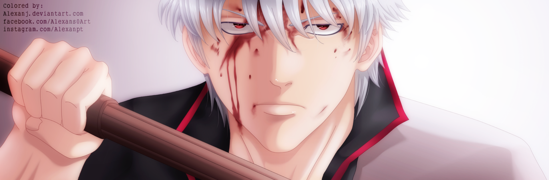 HD PC desktop wallpaper featuring Gintoki Sakata from the anime Gintama, showcasing his intense expression and signature silver hair with a bloodied face.