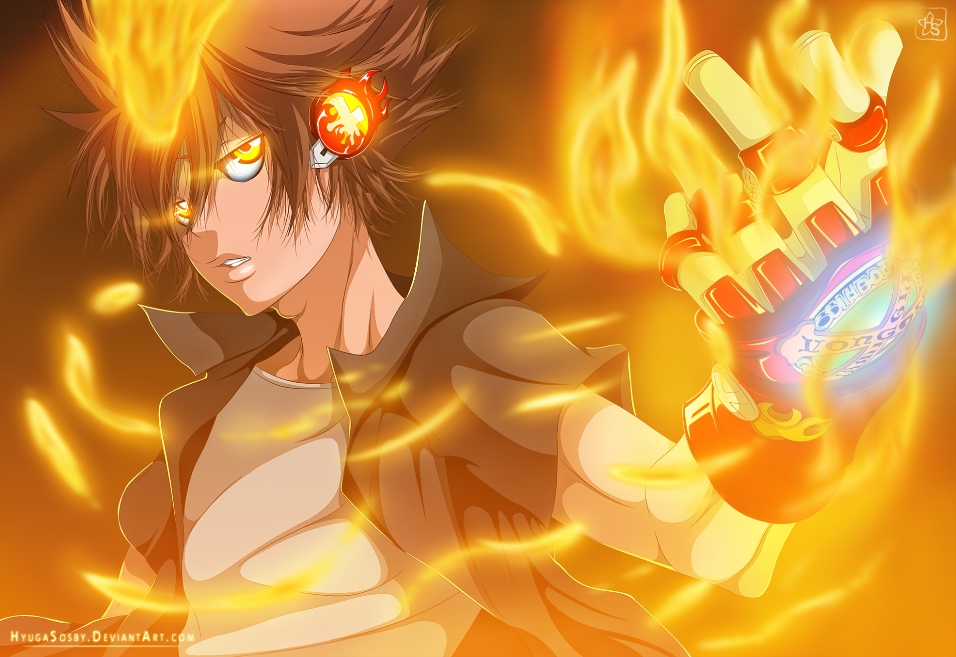 HD desktop wallpaper featuring Tsunayoshi Sawada from the anime Katekyō Hitman Reborn! engulfed in fiery flames with intense glowing eyes and a powerful stance.