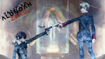 Aldnoah.Zero anime HD desktop wallpaper: Inaho Kaizuka and Slaine Troyard point guns at each other with Asseylum Vers Allusia's figure in the background.