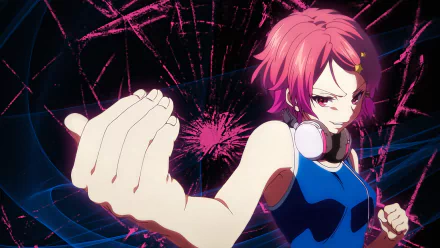 HD desktop wallpaper featuring Koito Minase from Myriad Colors Phantom World with pink hair and eyes, wearing headphones against an abstract, dynamic background.