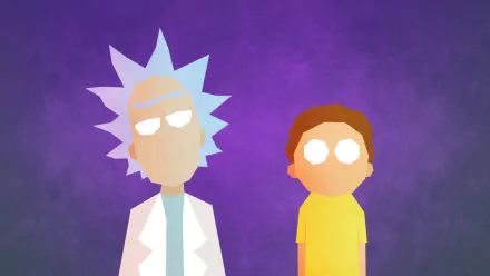 Minimalist HD desktop wallpaper featuring abstract versions of Rick Sanchez and Morty Smith from the TV show Rick and Morty against a purple background.