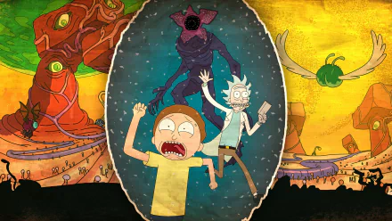 HD PC desktop wallpaper featuring Morty Smith and Rick Sanchez from the TV show Rick and Morty, with vibrant alien landscapes and a portal in the center.