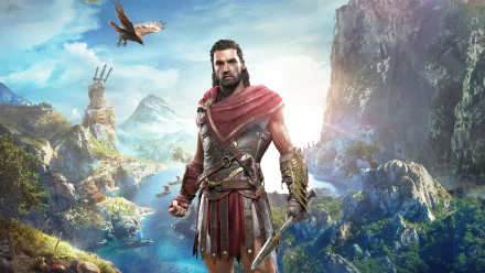 4K Ultra HD Assassin's Creed Odyssey wallpaper featuring a warrior in ancient armor standing against a vibrant mountainous landscape with a soaring eagle overhead.