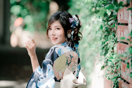 kimono smile brunette depth of field model woman asian HD Desktop Wallpaper | Background Image