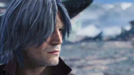 HD desktop wallpaper of Dante from Devil May Cry 5, featuring a close-up of his face with a focused expression against a serene, cloudy background.