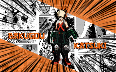 HD PC desktop wallpaper/background of Katsuki Bakugou, Anime My Hero Academia: Bakugou in hero costume over black-and-white manga panels with explosive orange rays.