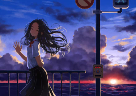 Anime-style girl with long black hair and a bow smiles gently at sunset, captured in a vibrant HD desktop wallpaper background.