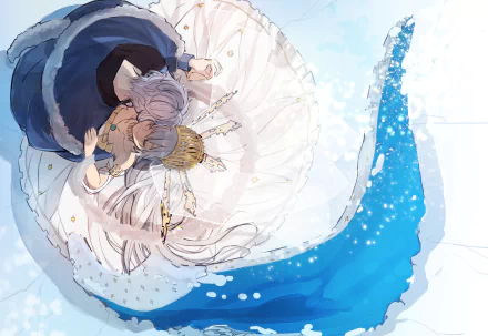 Anastasia and Kadoc Zemlupus (Fate/Grand Order) embrace amid swirling blue water and snow — anime 2K Quad HD PC desktop wallpaper and background.