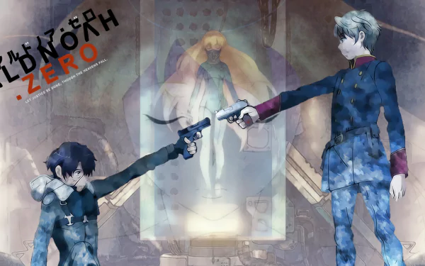 Aldnoah.Zero anime HD desktop wallpaper: Inaho Kaizuka and Slaine Troyard point guns at each other with Asseylum Vers Allusia's figure in the background.