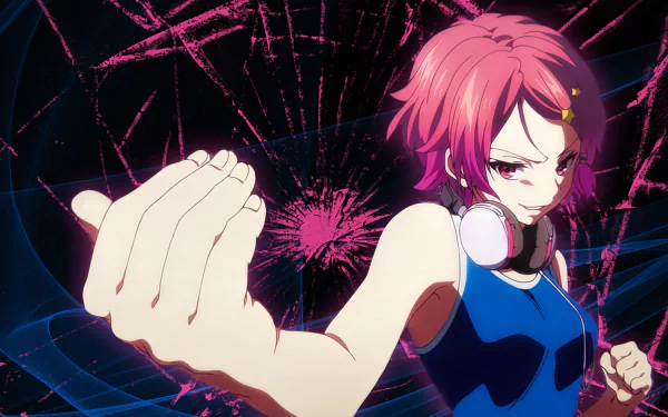 HD desktop wallpaper featuring Koito Minase from Myriad Colors Phantom World with pink hair and eyes, wearing headphones against an abstract, dynamic background.