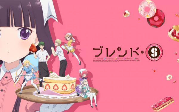 Anime HD wallpaper featuring short-haired Maika Sakuranomiya, Mafuyu Hoshikawa, and long-haired Kaho Hinata in maid outfits from Blend S on a pink background.