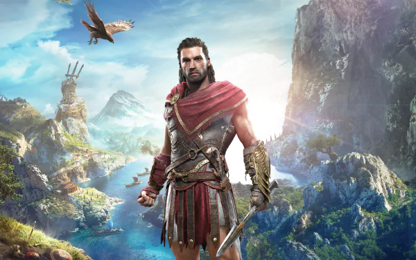 4K Ultra HD Assassin's Creed Odyssey wallpaper featuring a warrior in ancient armor standing against a vibrant mountainous landscape with a soaring eagle overhead.