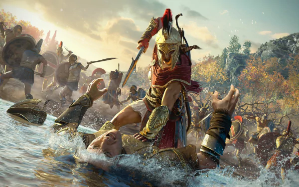 Kassandra from Assassin's Creed Odyssey wields a sword amidst a fierce battle, depicted in an 8K Ultra HD PC desktop wallpaper background.