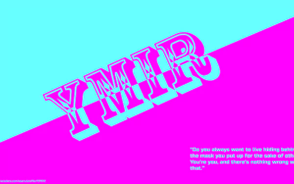 8K Ultra HD PC wallpaper: anime Attack on Titan design featuring Ymir with large stylized YMIR text across a cyan and magenta split background and a small quote.