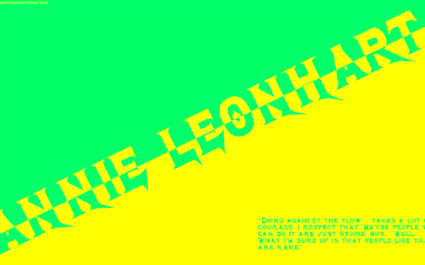 8K Ultra HD PC desktop wallpaper: bold diagonal ANNIE LEONHART text on bright green and yellow background, with a small Attack on Titan quote and compact text block.