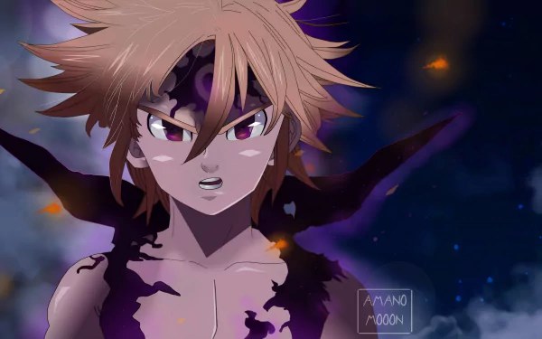 Meliodas from The Seven Deadly Sins depicted in detailed anime style with dark energy swirling around him, presented as a 4K Ultra HD PC desktop wallpaper.
