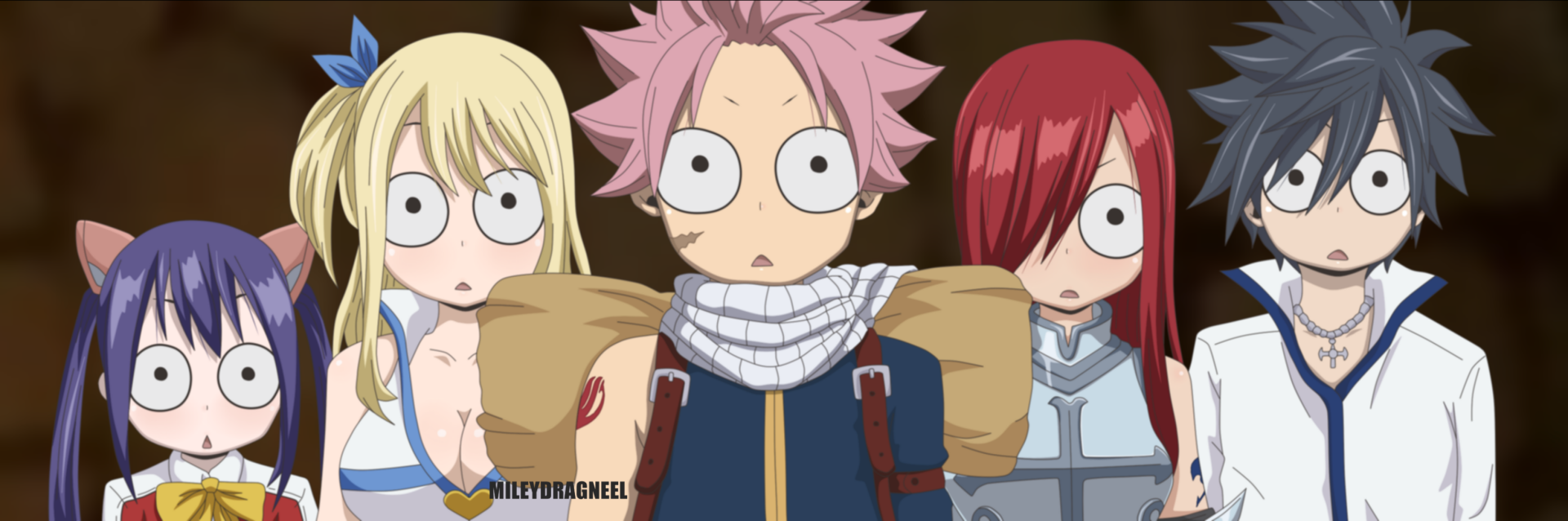 HD anime desktop wallpaper featuring Wendy Marvell, Lucy Heartfilia, Erza Scarlet, Gray Fullbuster, and Natsu Dragneel from Fairy Tail with surprised expressions.