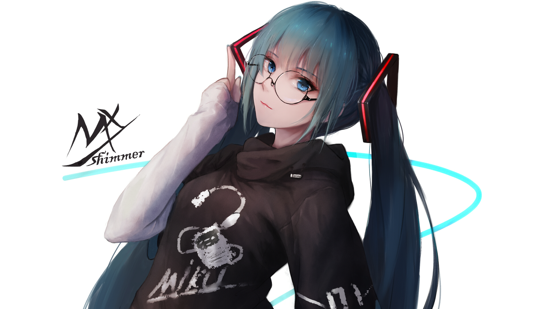 Anime-style illustration of Hatsune Miku with long blue hair, twintails, blue eyes, and glasses, smiling against a light background. The image is HD and serves as a desktop wallpaper and background.