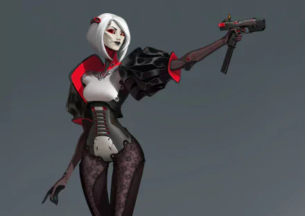 4K Ultra HD sci-fi PC desktop wallpaper: white-haired cyborg woman in black-and-red armor aims a sleek handgun, striking a futuristic pose against a muted background.