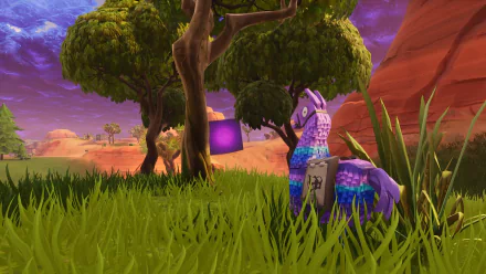 Fortnite Battle Royale HD PC wallpaper featuring a colorful llama piñata near trees and grass against a vibrant, purple-hued sky in the video game environment.