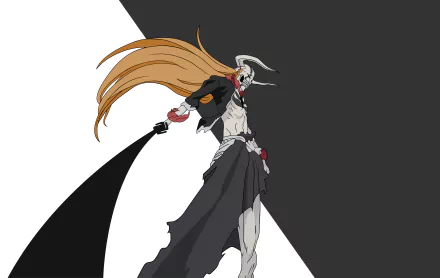 Hollow Ichigo (Ichigo Kurosaki) from Bleach, masked and snarling with long orange hair and a tattered black cloak, dynamic pose on a high-contrast background — 4K Ultra HD PC desktop wallpaper.