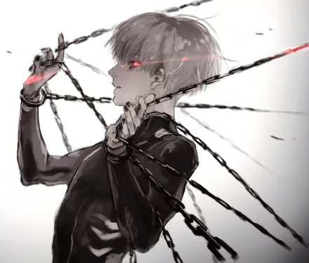 HD wallpaper featuring Ken Kaneki from Tokyo Ghoul:re, depicted with glowing red eyes and surrounded by chains. The monochrome design highlights the intense and dramatic atmosphere of the anime.