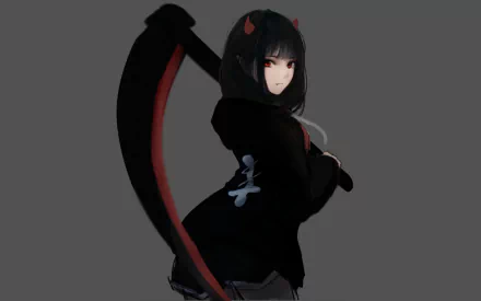Anime girl with black hair and red eyes, holding a scythe, featured in a dark-themed HD desktop wallpaper.