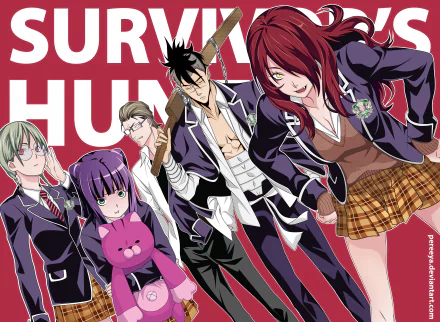 8K Ultra HD desktop wallpaper of Food Wars: Shokugeki no Soma — Rindō Kobayashi, Sōmei Saitō, Momo Akanegakubo, Nene Kinokuni and Etsuya Eizan in school uniforms on a bold red backdrop.