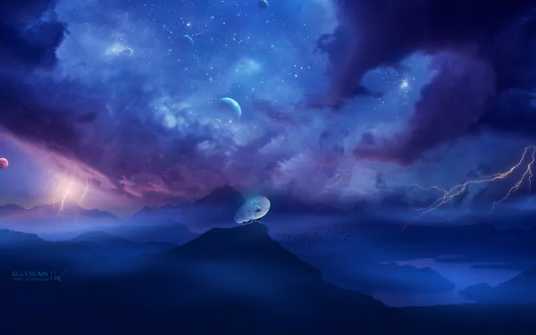 A fantasy landscape with dramatic lightning streaks, a glowing planet in the night sky, and a futuristic antenna atop a mountain in an HD desktop wallpaper scene.