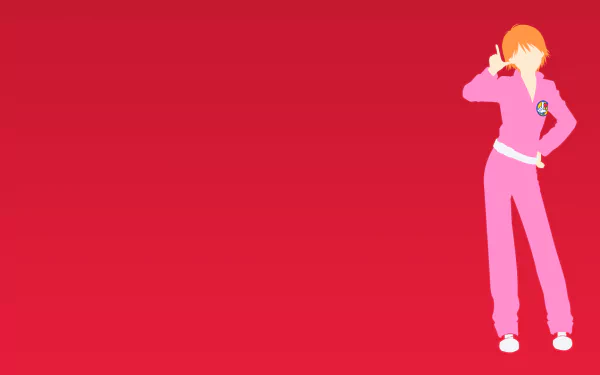 HD PC desktop wallpaper: Kyoko Mogami from the anime Skip Beat! standing in a pink tracksuit against a red gradient background.