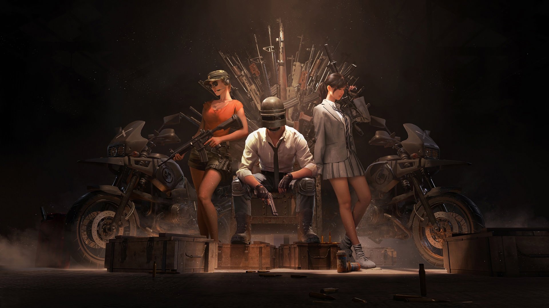 HD desktop wallpaper featuring characters from the video game Playerunknown's Battlegrounds in a dramatic pose, with one character seated on a throne of weapons and two characters flanking them.