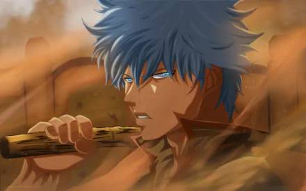 HD PC desktop wallpaper of Gintoki Sakata (Gintama), gritty close-up with blue hair gripping a wooden sword amid swirling dust.