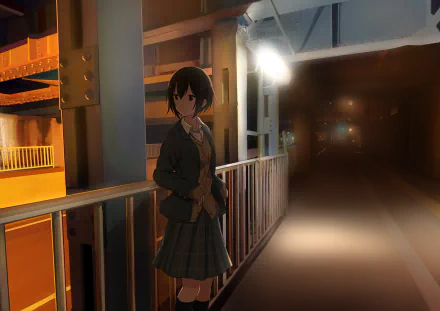 Original anime night HD PC desktop wallpaper/background: a schoolgirl stands on a dimly lit tunnel walkway at night, warm streetlights and deep shadows creating a quiet, moody urban scene.