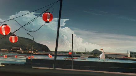 Anime-inspired HD original desktop wallpaper featuring a serene coastal scene with red lanterns hanging above and a person walking along the waterfront under a dramatic sky.