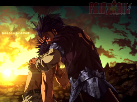 HD PC desktop wallpaper/background: Fairy Tail anime — Gray Fullbuster embraces Silver Fullbuster at a dramatic sunset, golden sky and rugged landscape.