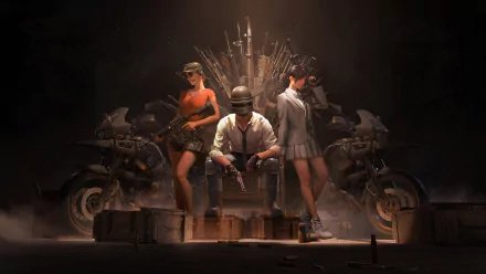 HD desktop wallpaper featuring characters from the video game Playerunknown's Battlegrounds in a dramatic pose, with one character seated on a throne of weapons and two characters flanking them.
