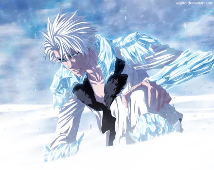 HD anime desktop wallpaper featuring Tōshirō Hitsugaya from Bleach, depicted with ice elements and a cool, intense expression against a snowy background.