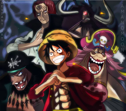 HD anime wallpaper featuring One Piece characters Monkey D. Luffy, Kaido, Charlotte Linlin, Shanks, and Marshall D. Teach with vibrant colors and dynamic poses.