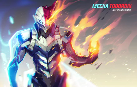 HD desktop wallpaper featuring Mecha Todoroki from My Hero Academia, depicted in a dynamic pose with fiery effects.