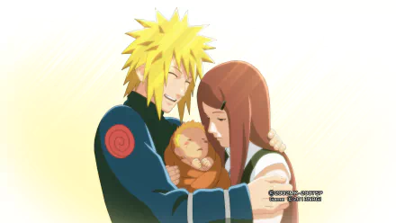 HD PC desktop wallpaper featuring Kushina Uzumaki, Minato Namikaze, and baby Naruto Uzumaki from the anime Naruto in a tender family embrace.